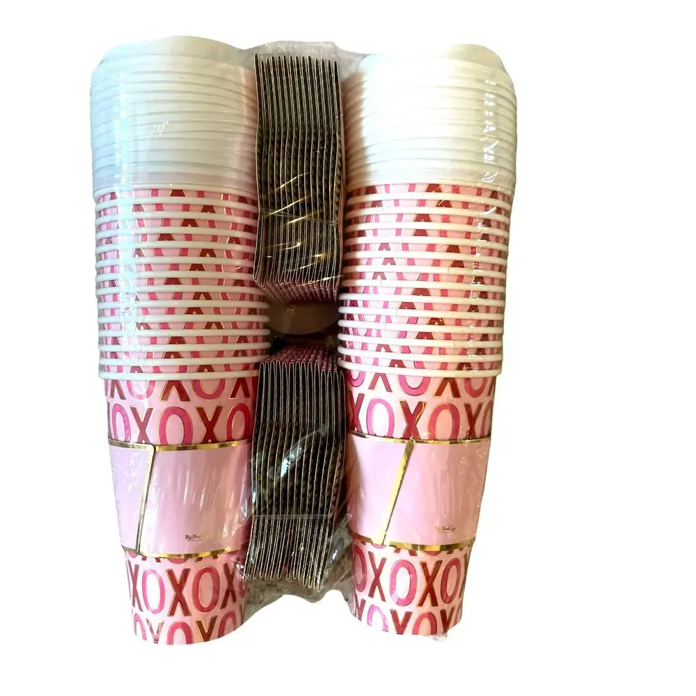 30pc Valentines Day XOXO To-Go Cups 16oz Disposable Pink & Red NEW
